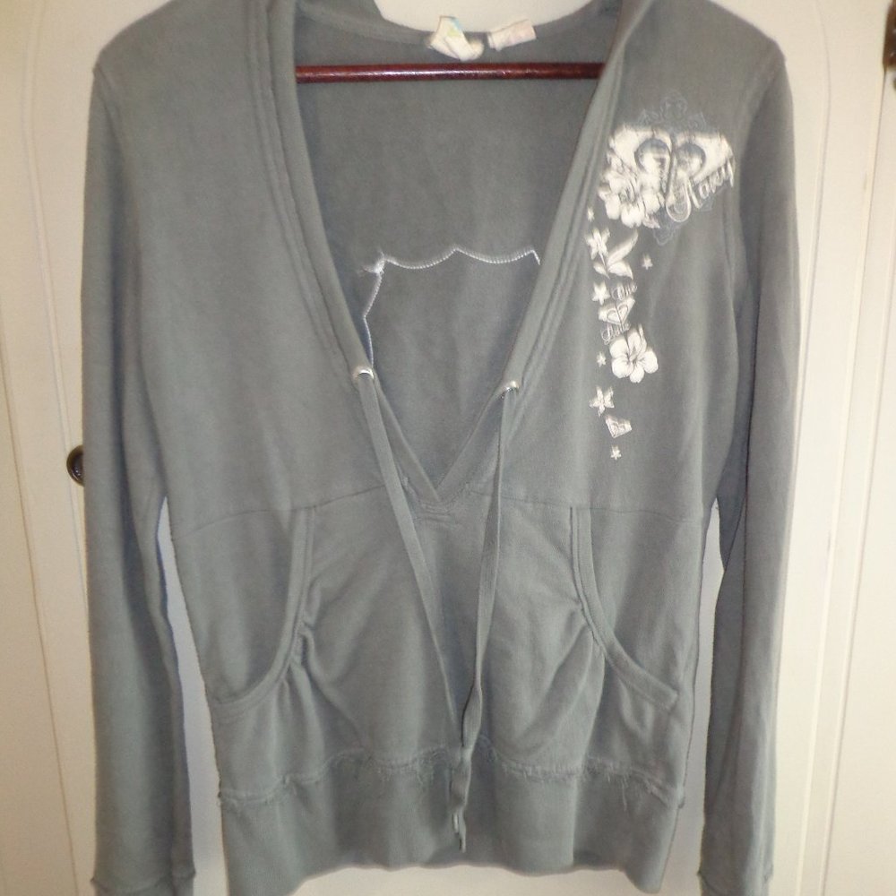 ROXY Hooded Pull-Over Sweatshirt M Drawstrings Pockets Raw Edges